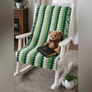 Handcrafted Striped Crochet Throw Blanket in Greens and Cream - Unbranded